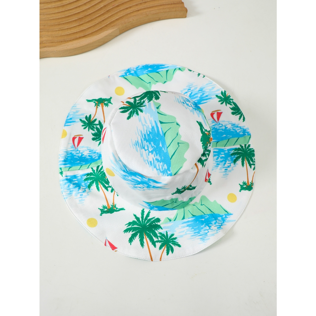 【 June -3 years old 】 Hawaiian vacation set for boys | khaki short sleeved T-shirt+blue floral shorts+matching printed hat | Summer island style baby set