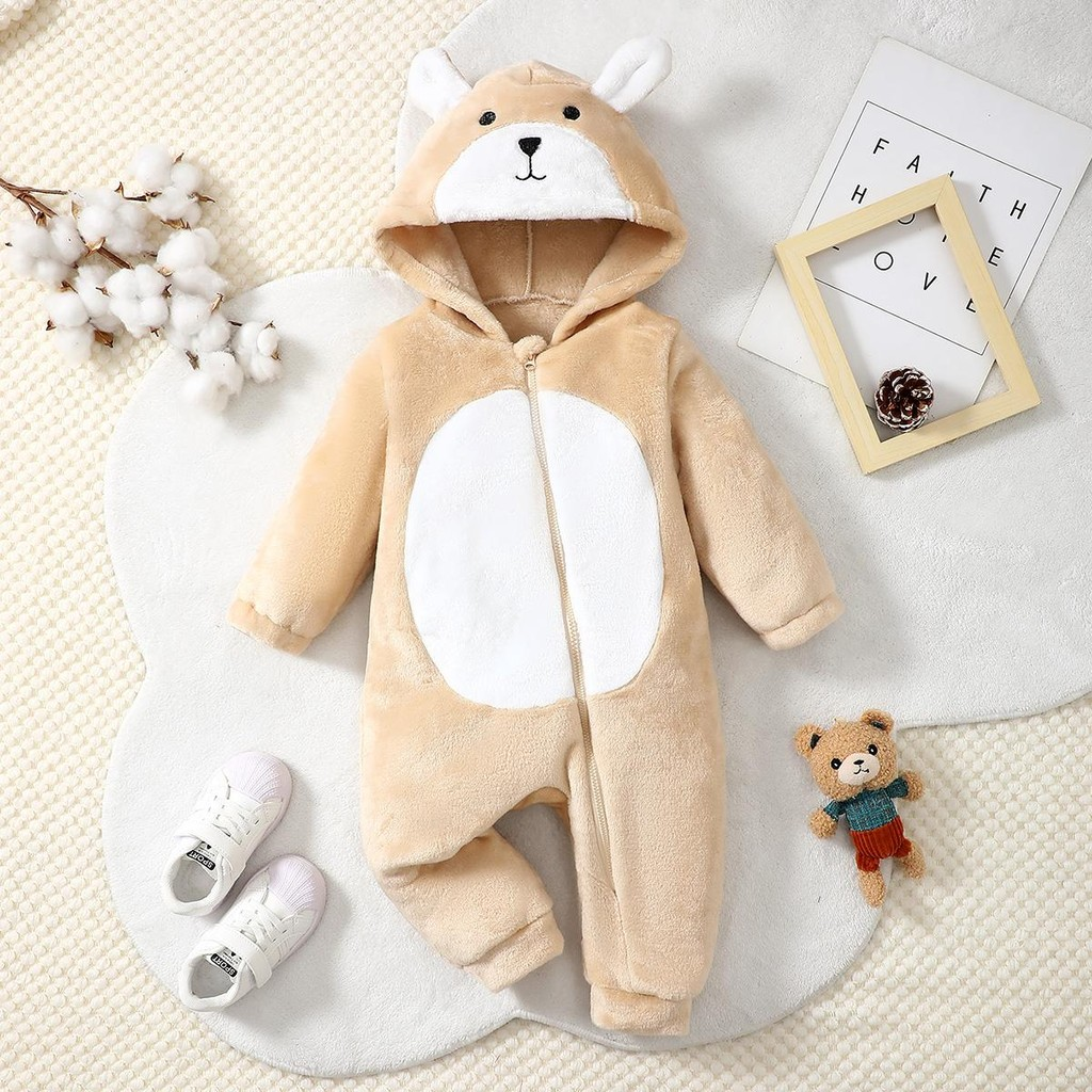 0-18 Months Toddler Baby Boy  Long Sleeved Beige Hooded Cute Ears Romper Warm Fashionable Casual Winter Jumpsuit Clothing