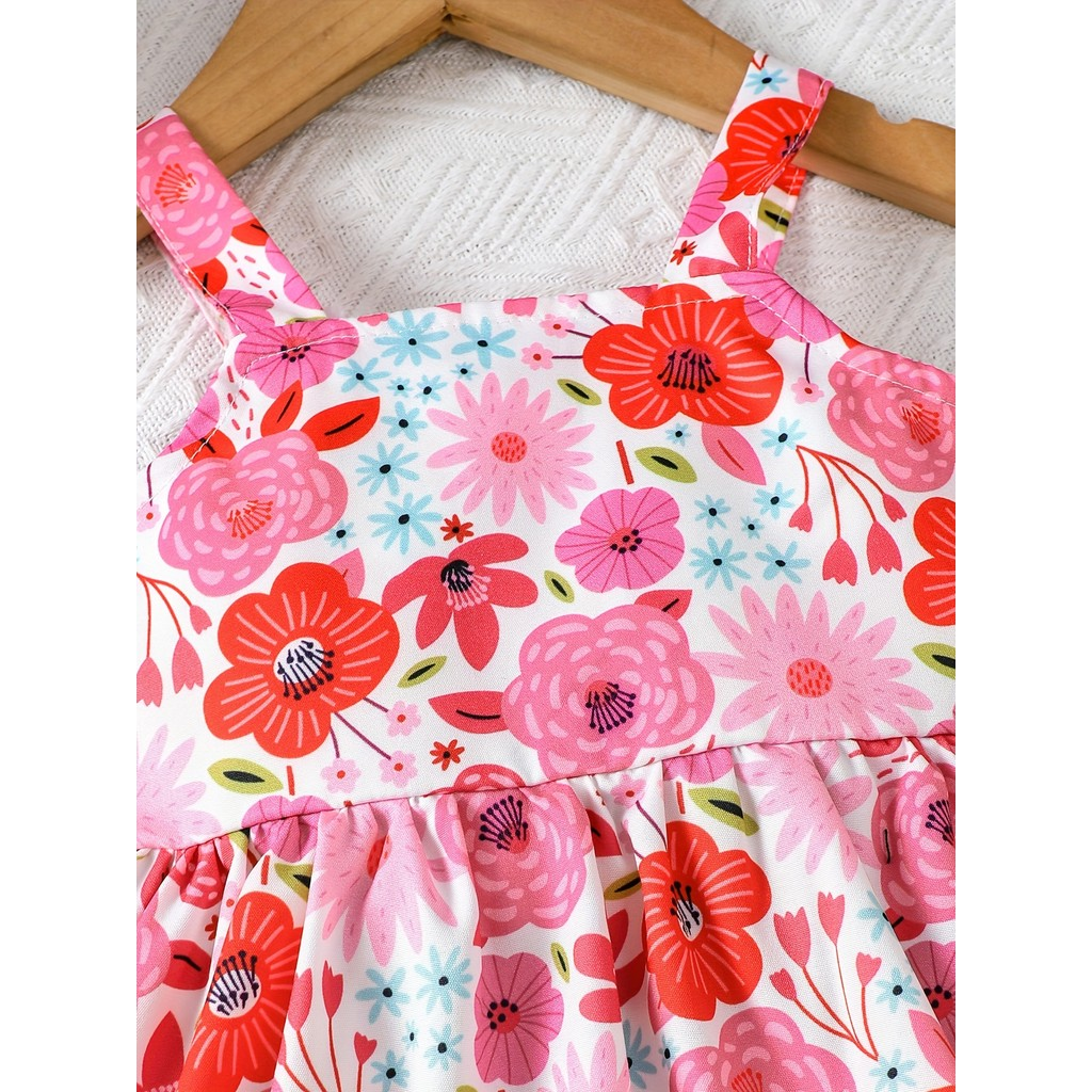 【3M-3Y】 Resort-Ready 2-Piece Set for Baby Girls: Allover Floral Spaghetti Strap A-Line Dress + Matching Sun Hat – Vacation-Chic Style
