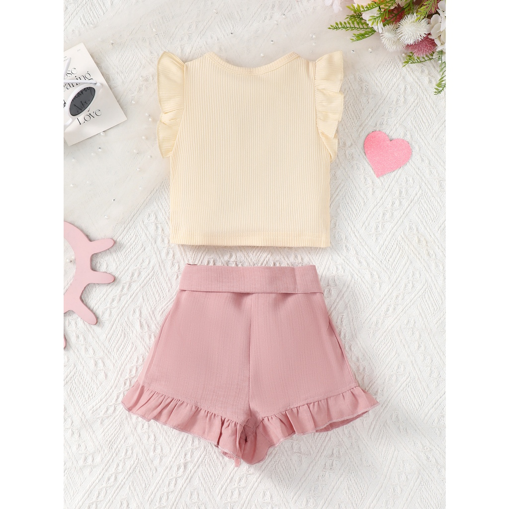 【2-5 Years Old】 Girl's Beige Ruffle Sleeve Top + Pink Shorts Set | Heart Print Sweet Two-Piece Outfit | Summer & Autumn Casual Wear