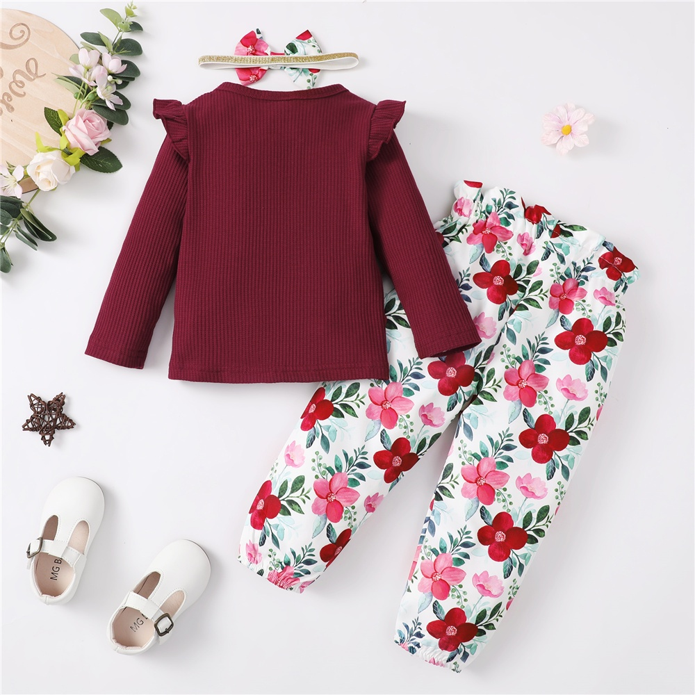 Outfit for 1-5Years Kids&Newborn Baby Girl Clothes Set Plain Long Sleeve Top + Flowers Long Pant with Headband Casual Outfit