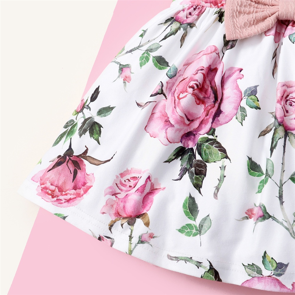 【9M-3Y】 2PCS Baby Girl Outfit: Pink Quilted Cardigan + Floral Sleeveless Dress with Bow Detail – Gentle Spring & Autumn Daily Party Set