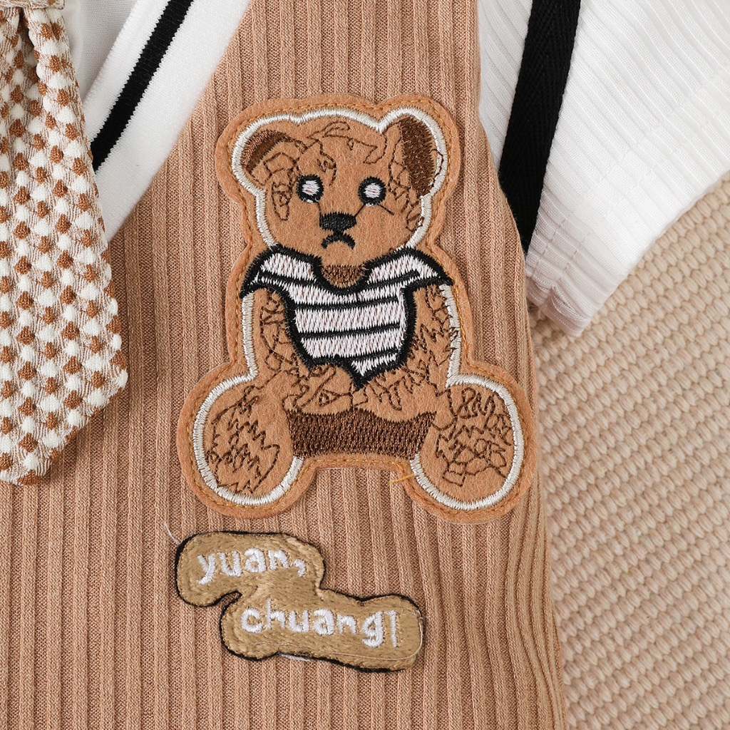 【1-18M】 Boys' Gentleman Style Jumpsuit: Ribbed Romper with Collar, Fake Tie & Bear Embroidery – Newborn Full Moon Banquet Outfit