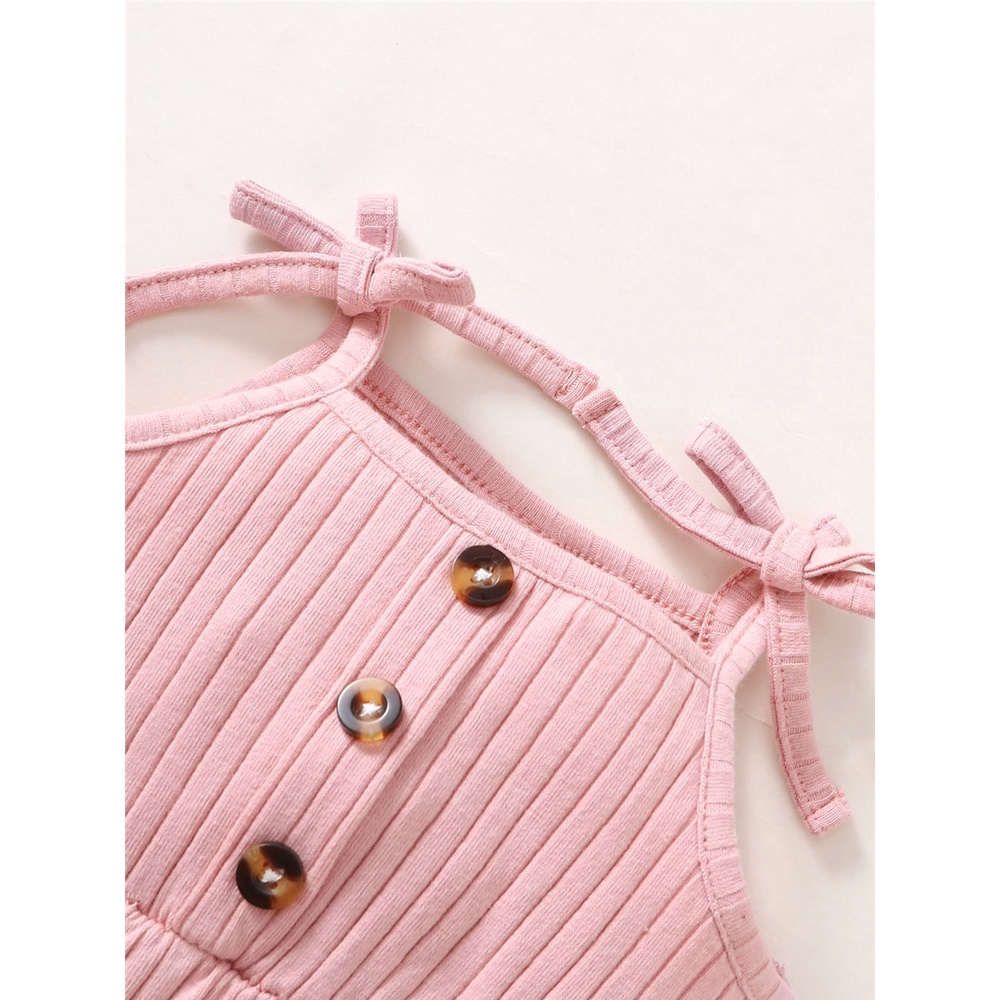 【1-9M】 2PCS Baby Girl Outfit: Pink Ribbed Cami Romper with Faux Buttons & Ruffle Hem + Matching Bow Headband – Lovely Summer Set