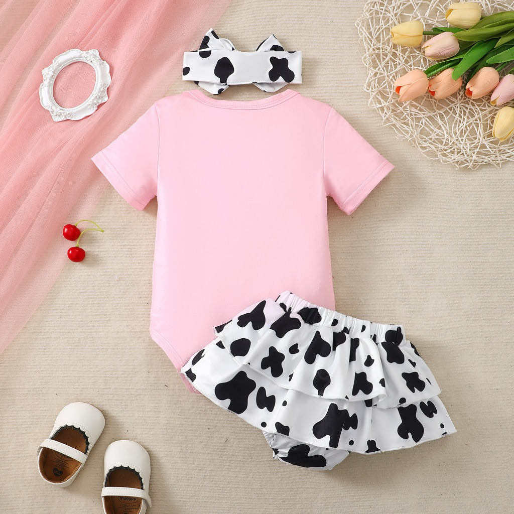 【0-18 Months】 Baby Girl Cow Print Skirt Romper Set | Pink Top + 2-Layer Ruffle Tutu with Matching Bow Headband | Cute Birthday Outfit