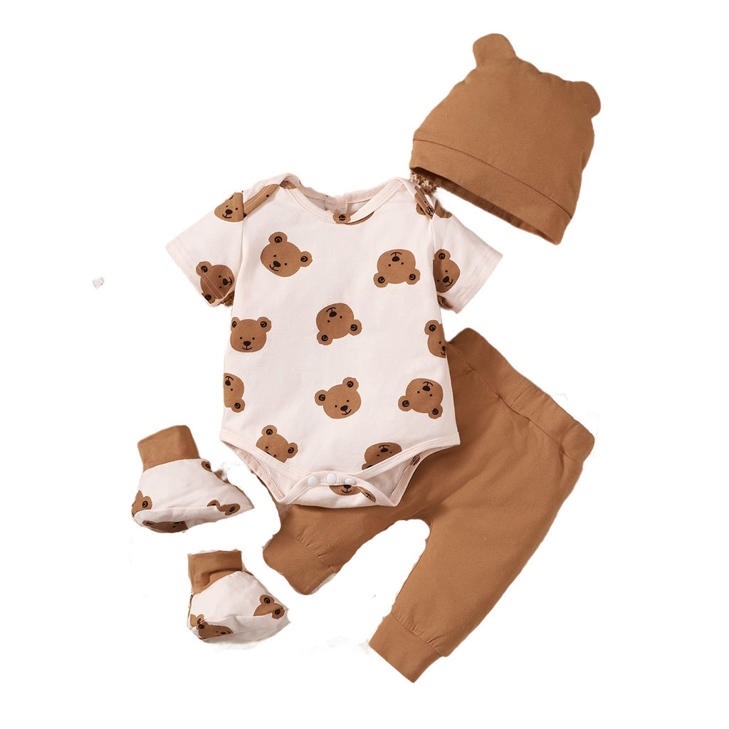 【0-9 Months】 Newborn Baby 4PCS Bear Print Outfit | Short-Sleeve Bodysuit + Solid Color Pants + Hat + Footies | Cute & Casual Daily Wear