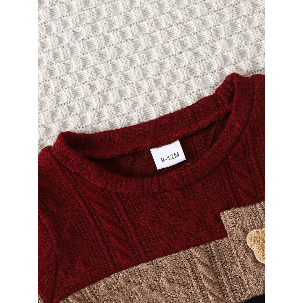 Outfit for 0-3Months Newborn Baby&Kids Boy Twisted Tricolor Splicing Long Sleeved Sweatshirt with Teddy Bear Paired with Casual and Comfortable Ankle Tied Pants