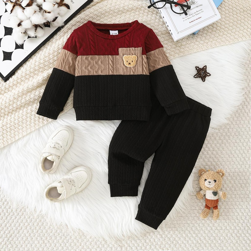 Outfit for 0-3Months Newborn Baby&Kids Boy Twisted Tricolor Splicing Long Sleeved Sweatshirt with Teddy Bear Paired with Casual and Comfortable Ankle Tied Pants