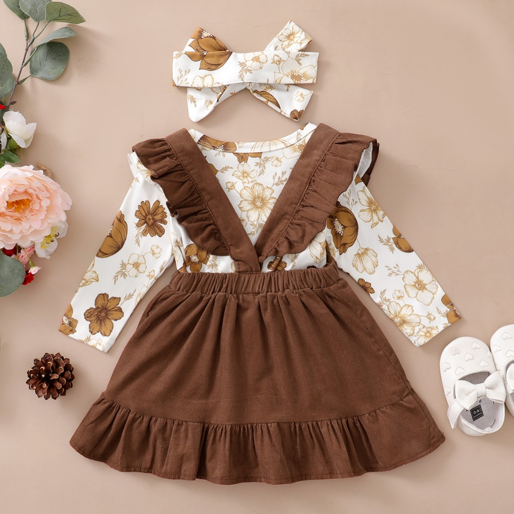 【0-12Months】 3pcs Baby Girl Brown Floral Set: Long-Sleeve Bodysuit + Deep Brown Ruffle Strap Skirt + Matching Bow Headband – Sweet Forest Autumn Outfit