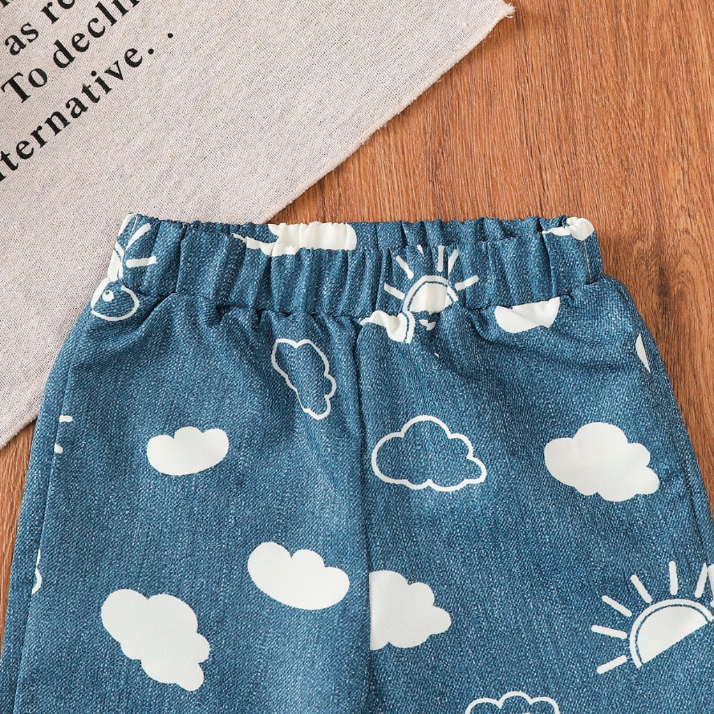 Girl's white long sleeved top+blue cloud jeans set | Cartoon girl print top | Baby casual wear | Comfortable and breathable baby clothes