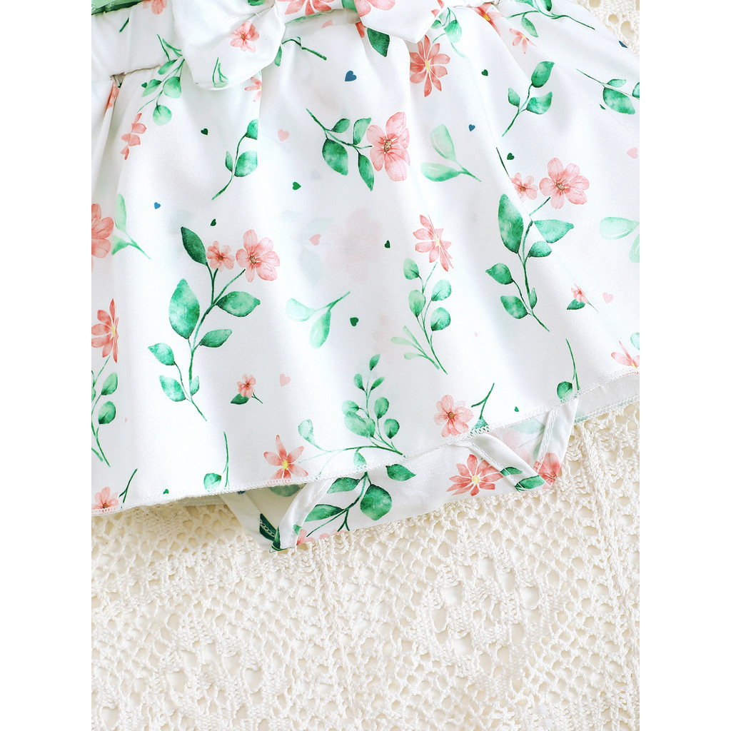 1-12Months Newborn Baby Bodysuit Set Sleeveless Ruffle Green Floral Skirt with Headwear Toddler Baby Girl Romper Fashion Cute Infant Baby Wear