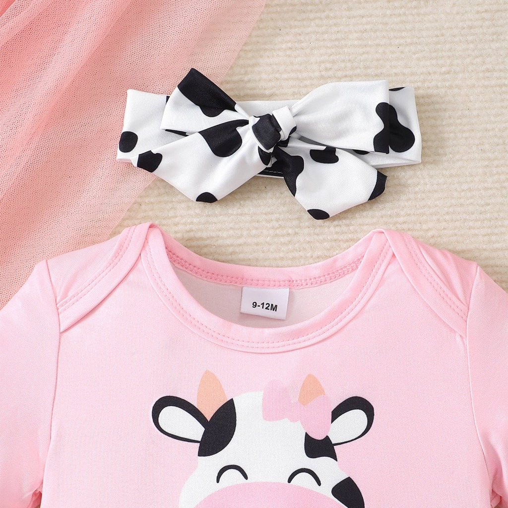 【0-18 Months】 Baby Girl Cow Print Skirt Romper Set | Pink Top + 2-Layer Ruffle Tutu with Matching Bow Headband | Cute Birthday Outfit