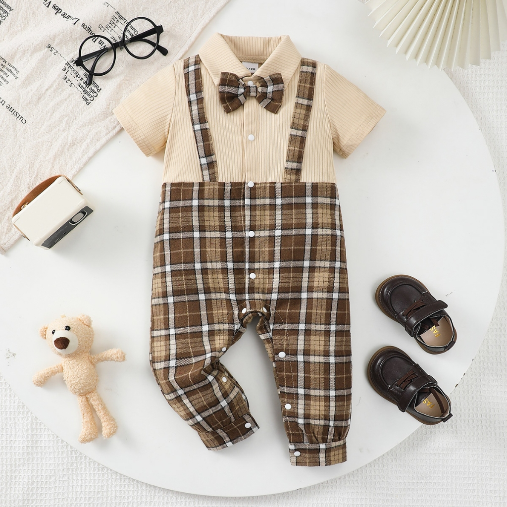 【1-18Months】 Boys' Gentleman Style Jumpsuit: Plaid Suspender Romper with Collar & Bow Tie – Newborn Full Moon Banquet Outfit