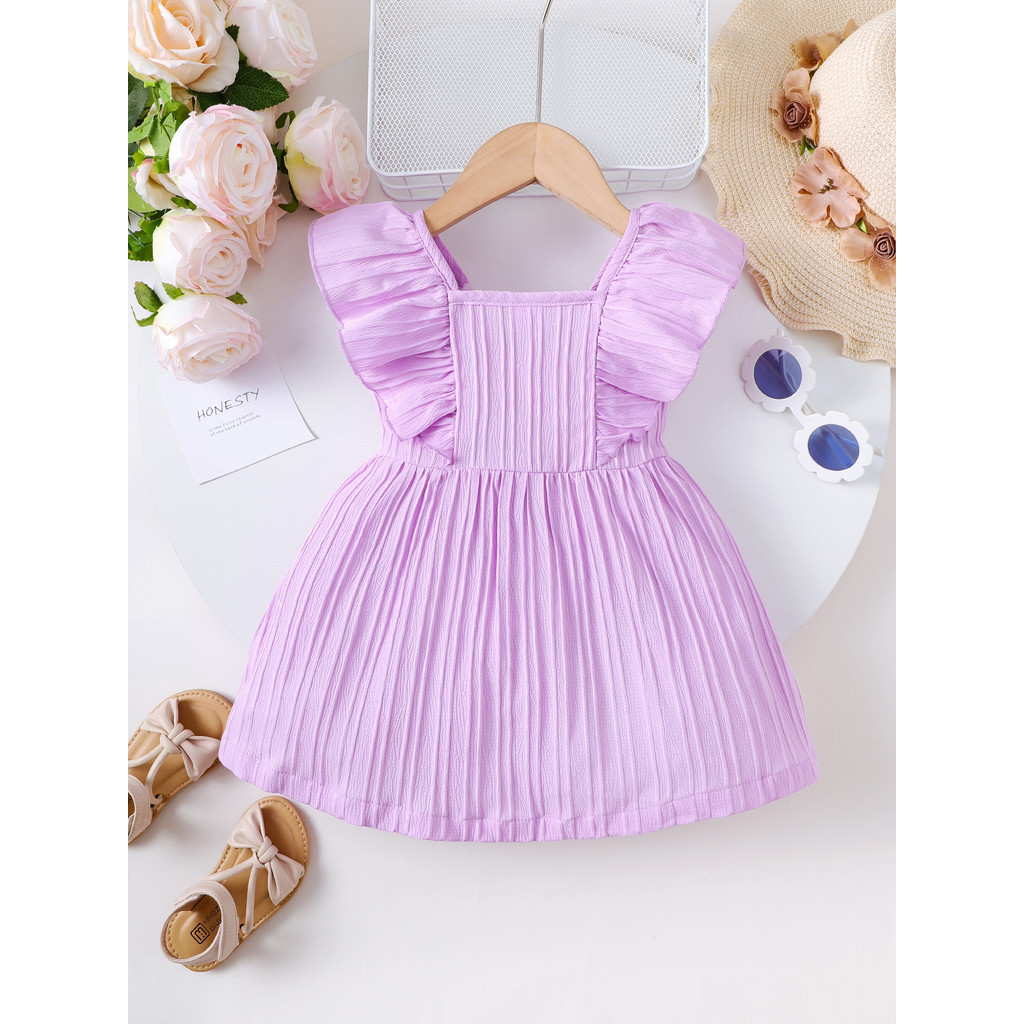 0-3 Years Infant Baby Girl Purple Plain Color Fly Sleeves Dress For Kid Girl Princess Dress Fashion Simple Style Birthday Party