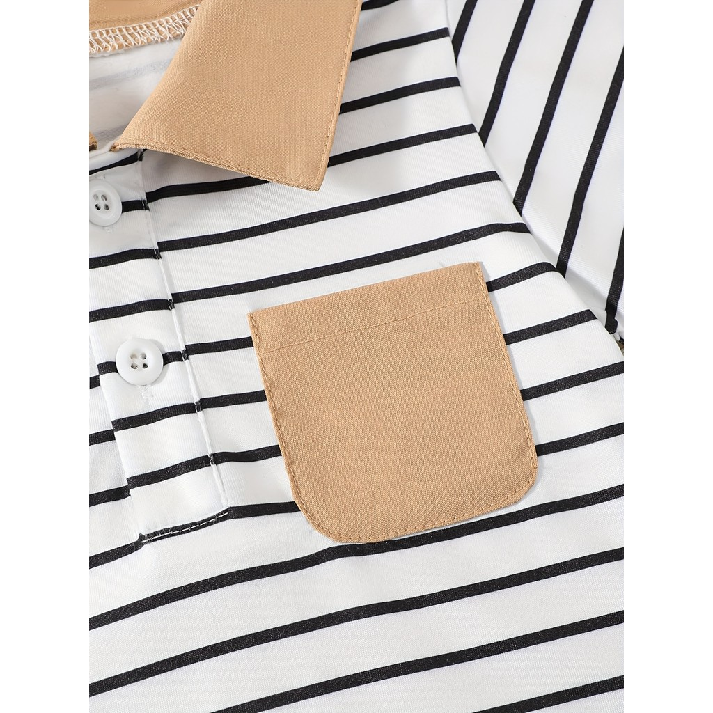 【6M-3Y】 Baby Boys 2-Piece Outfit: Striped Polo Shirt with Contrast Collar & Half-Button Placket + Solid Cargo Shorts – Trendy City Walk Set