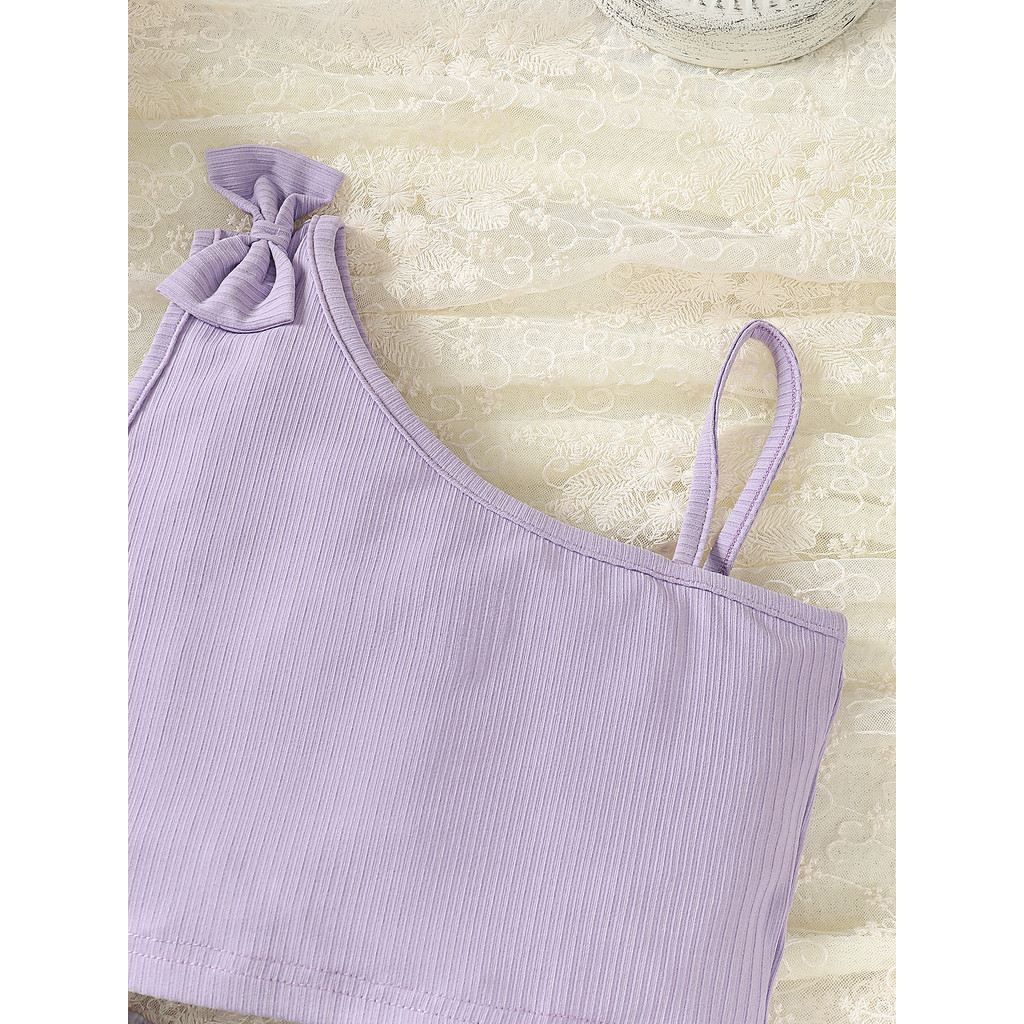 1-8 Years Kids Girl Summer 2pcs Clothing Set Solid Color Purple One Shoulder Tops with Floral Shorts Pastoral Fashion Leisure Style Baby Girl Casual Costumes