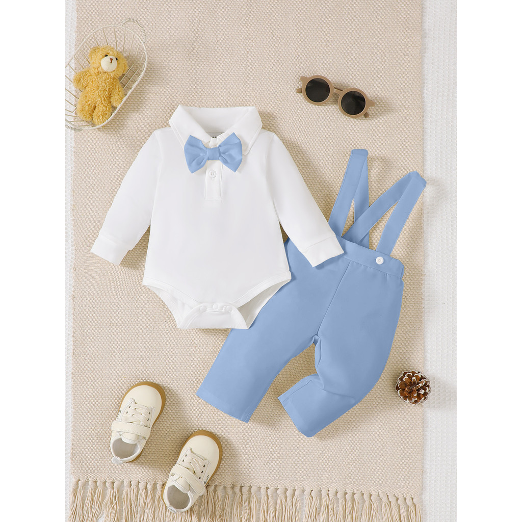 【 1-18 months 】 Boys' Blue & White Gentleman 2PCS Outfit | Long-Sleeve Bodysuit + Suspender Pants with Bow Tie | Baby First Birthday Outfit | Fashionable Formal & Versatile Wear