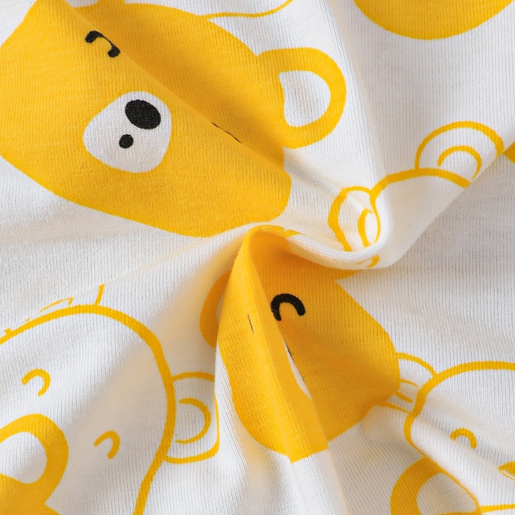 【1-9M】 Yellow Bear Print 4-Piece Baby Outfit: Long-Sleeve Romper + Solid Pants + Bear Ear Hat + Booties – Cozy Newborn Layette Set