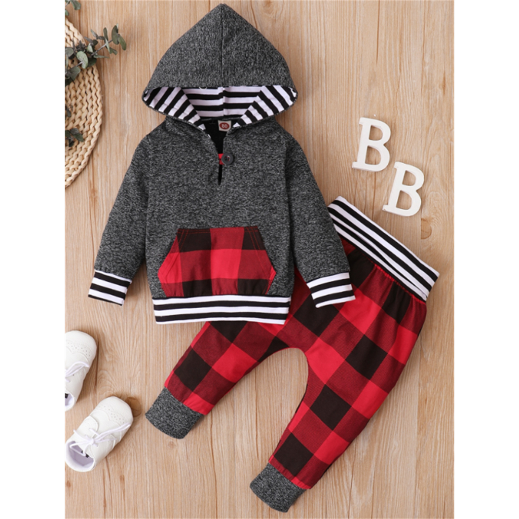 0-2 Years Old Gray Hooded Sweatshirt & Plaid Pants Set, Stylish and Warm, Perfect for Daily Play and Outdoor Activities, Designed for Active Toddlers