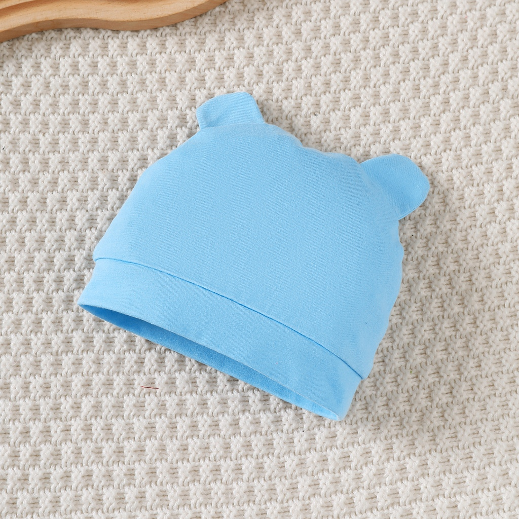 【 0-9 Months 】 Newborn White Bear Hat 3-piece Set | Blue Printed jumpsuit+pants+hat | Baby Full Moon Gift Set | Pure Cotton Newborn Clothing