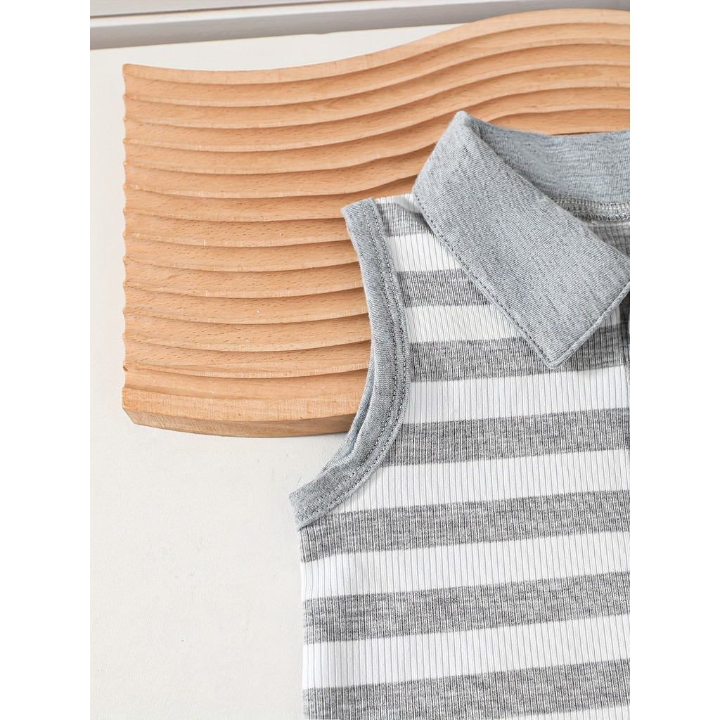 【6M-3Y】 Baby Boys 2-Piece Outfit: Striped Sleeveless Polo Tank with Bear Patch + Solid Knit Shorts – Breathable Summer Vacation Set