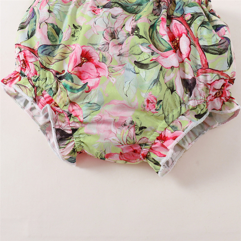 【3-24M】 3PCS Baby Girl Summer Outfit: Green Smocked Puff-Sleeve Top with Bow + Floral Print Bloomer Shorts + Matching Headband – Cute Pastoral Set