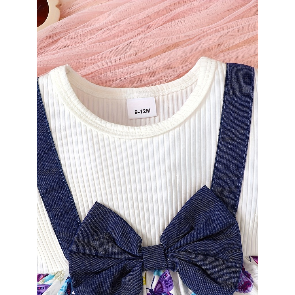 【0-3Years】 Baby Girl 2-Piece Set | Butterfly Print Peplum Top + Denim-Look Flare Pants - Cute Casual Outfit