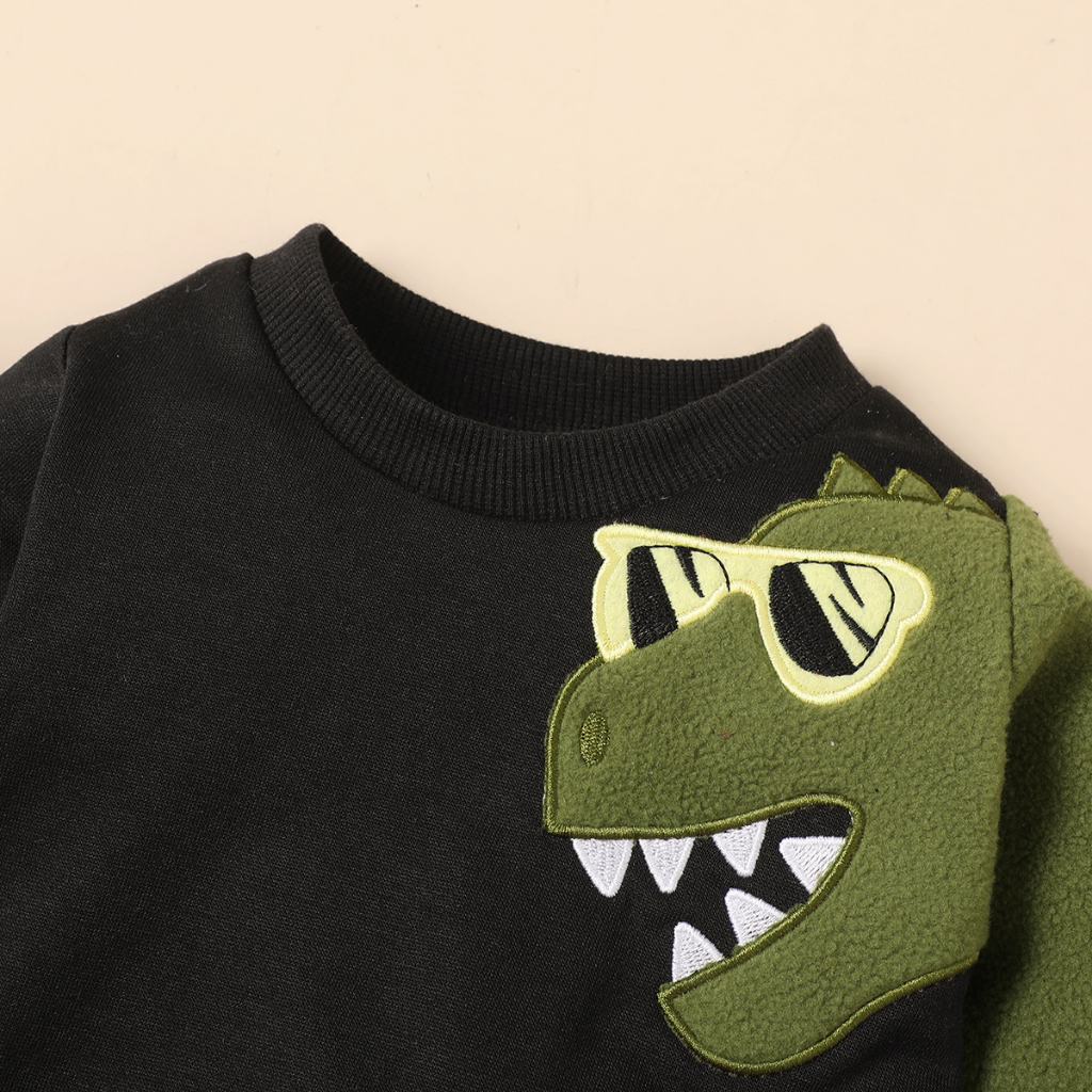 【3-24M】 2PCS Baby Boy Outfit: Dinosaur Patch Sweatshirt with Color-Block Fleece Sleeves + Matching Jogger Pants with Side Fleece Panels – Cute Daily Fall/Winter Set