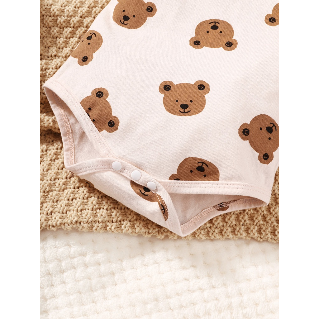 【0-9 Months】 Newborn Baby 4PCS Bear Print Outfit | Short-Sleeve Bodysuit + Solid Color Pants + Hat + Footies | Cute & Casual Daily Wear