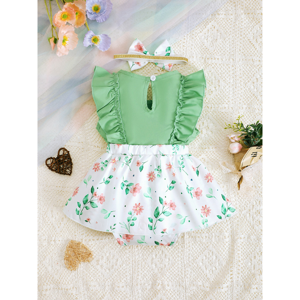 1-12Months Newborn Baby Bodysuit Set Sleeveless Ruffle Green Floral Skirt with Headwear Toddler Baby Girl Romper Fashion Cute Infant Baby Wear