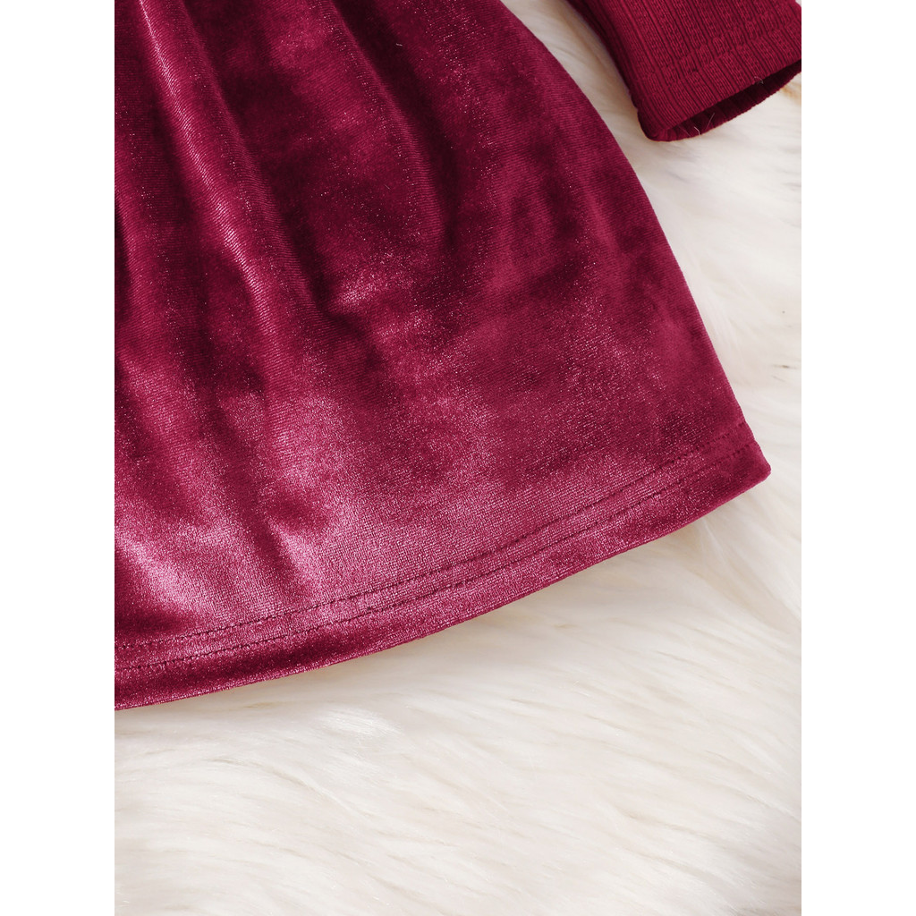 【6M-3Y】 Baby Girl Red Holiday Dress: Puff-Sleeve Ribbed Knit Top + Velvet Skirt with Bow Detail – Christmas & New Year Outfit