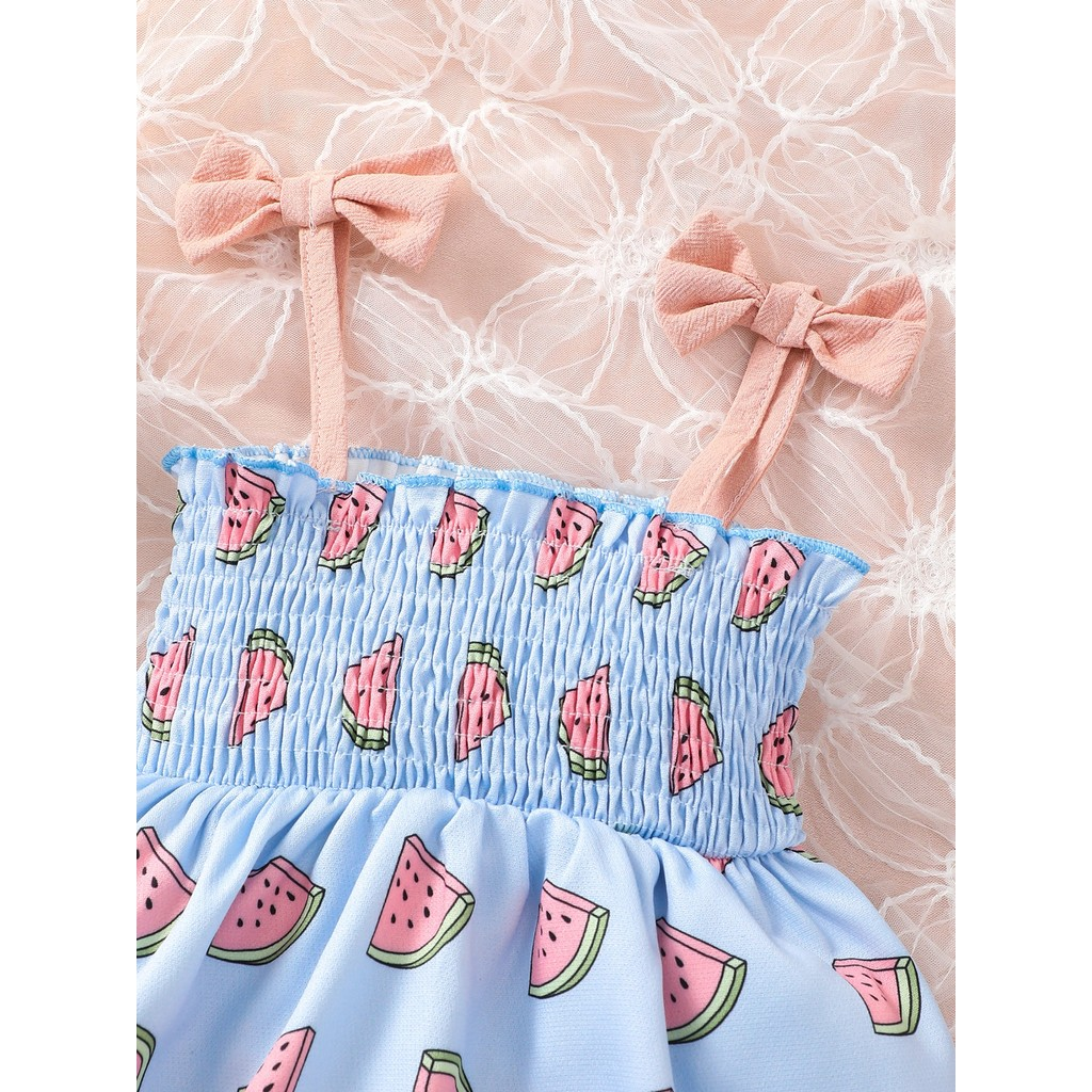 Baby Girls Watermelon Print Cami Dress for 6M-3Yrs, Cotton Sundress with Bow Straps, Cute Casual Outfit for Summer
