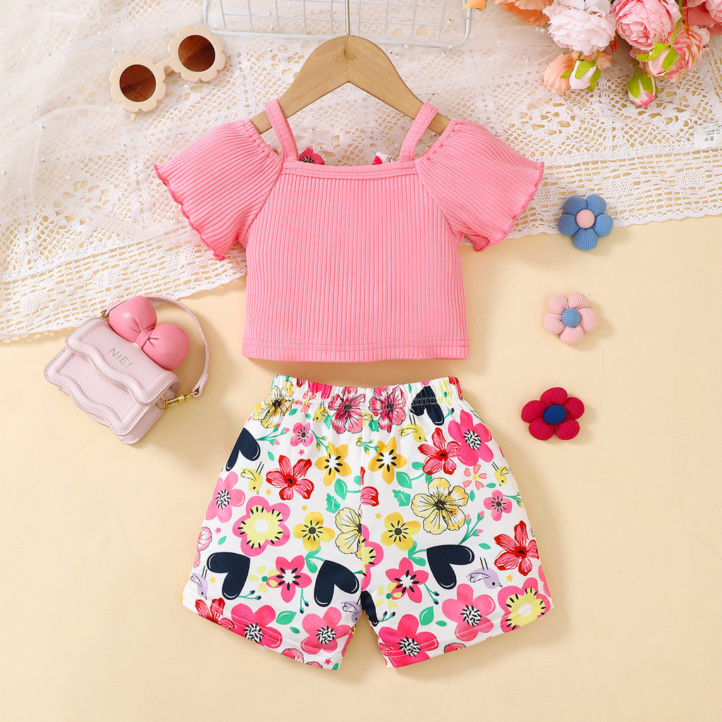【6M-3Y】 Toddler Baby Girl 2-Piece Summer Set | Ribbed Off-Shoulder Top with Bows + Floral Print Shorts - Cute Casual Outfit