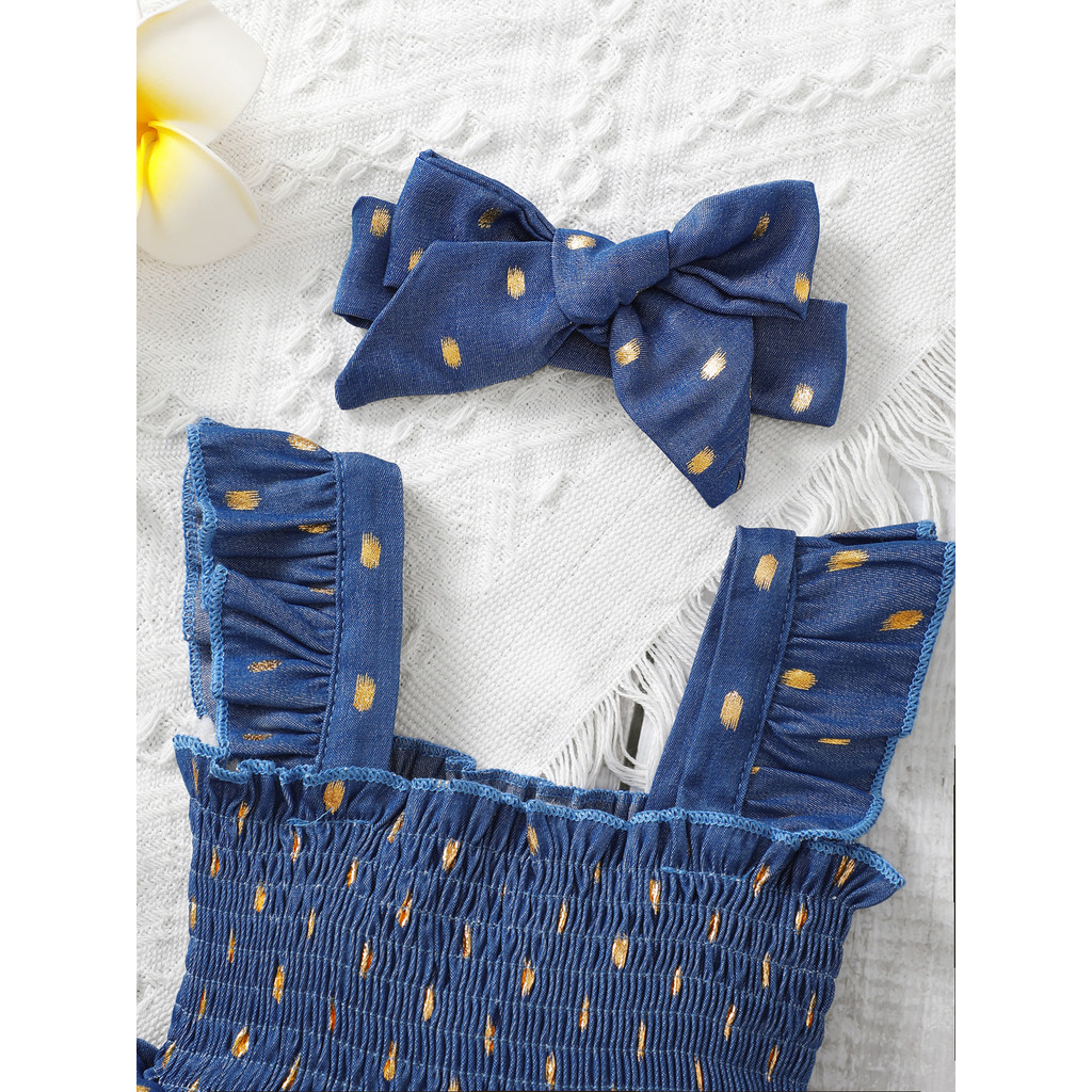 2-piece set of 3-24 month old baby girl summer smoked polka dot off shoulder dress+headband - casual cute set