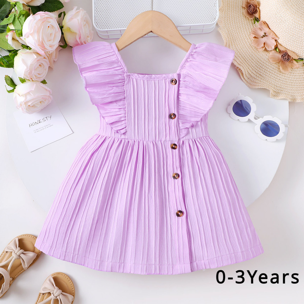 0-3 Years Infant Baby Girl Purple Plain Color Fly Sleeves Dress For Kid Girl Princess Dress Fashion Simple Style Birthday Party