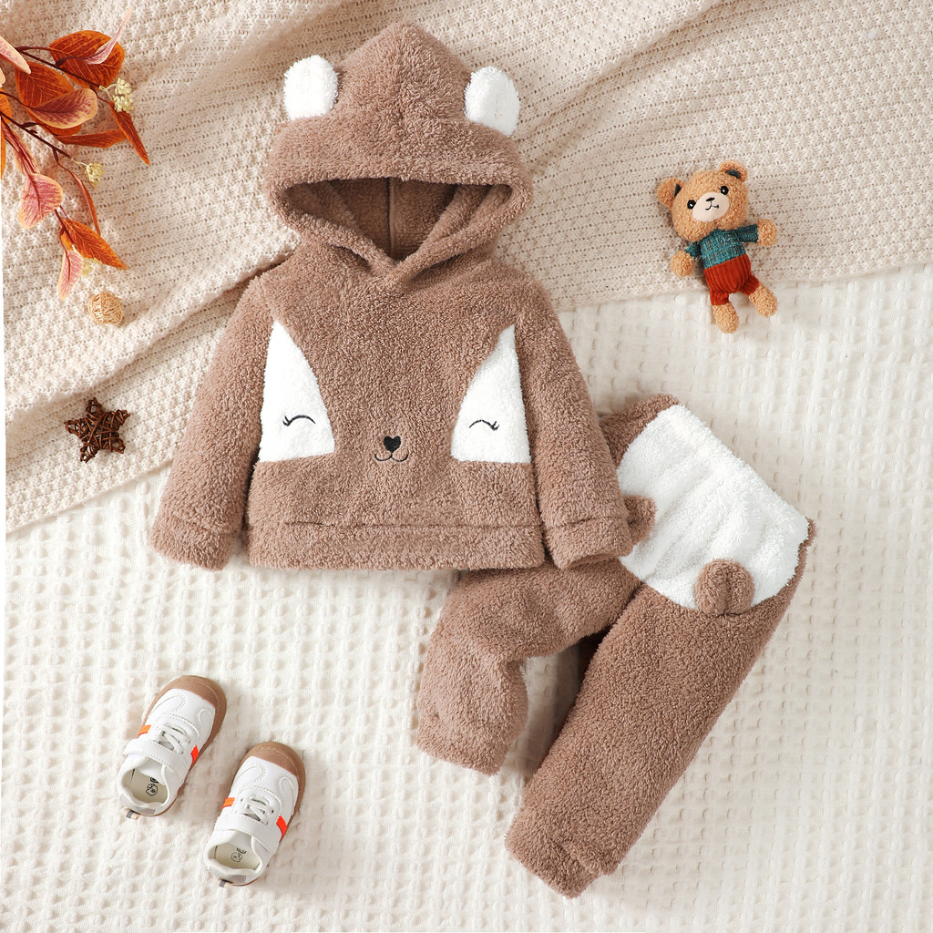 Catpapa girl | 0-3 Years Toddler Baby  Girl Winter Clothes Set Brown Bear Velvet Long Sleeved Hooded Sweatshirt with Pants | Cute baby dresses | BabySuit | Soft