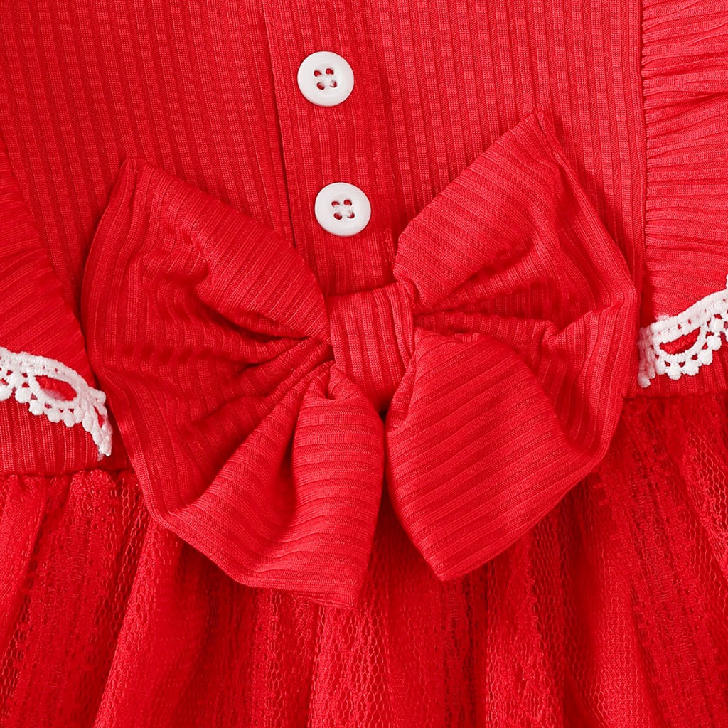 Red Long sleeved Dress for Female Infants and Children, White Lace Princess Dress with Butterfly Bow Hair and Birthday Banquet Dress, Suitable for 3-24 Months