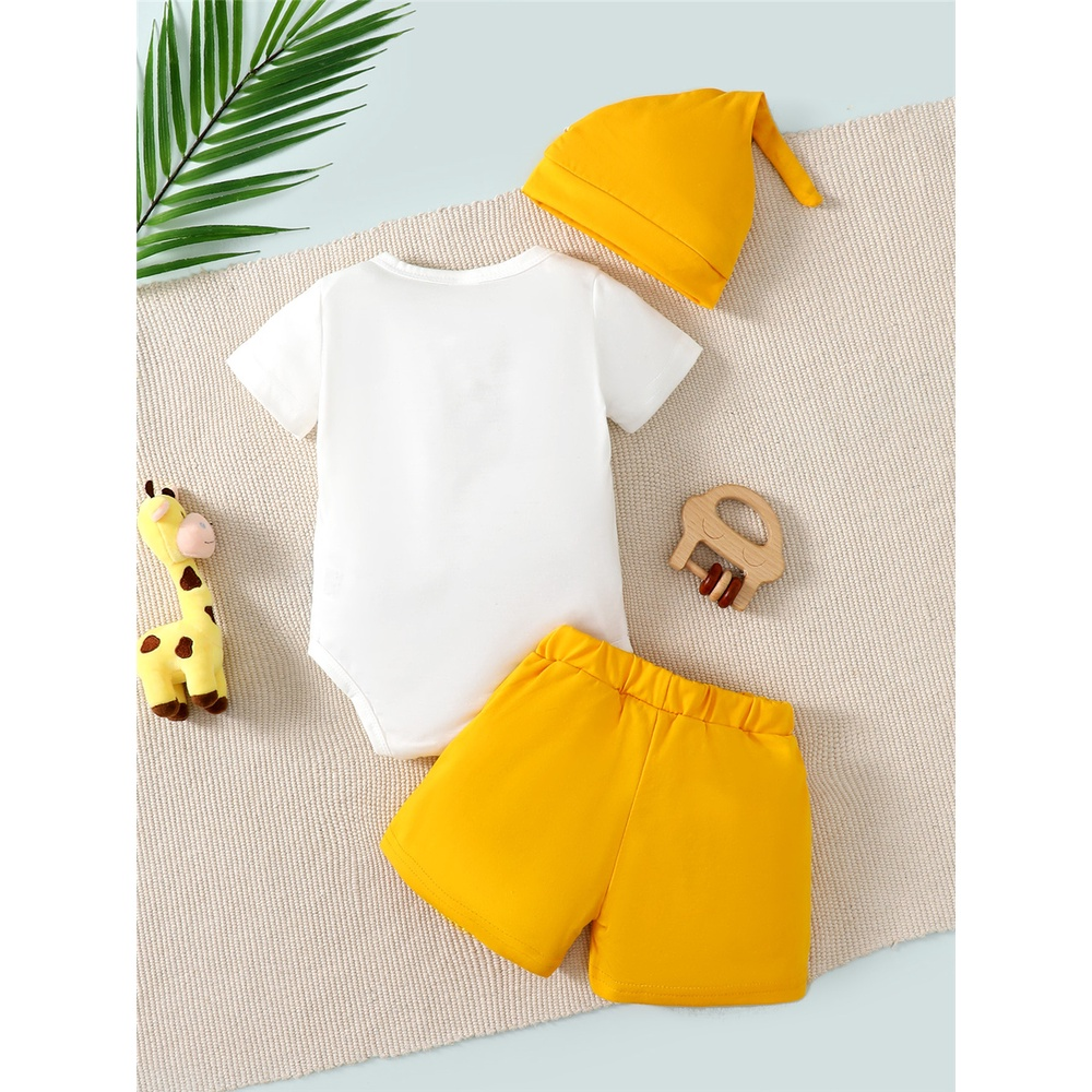 0-2 Year Old Baby Boy Cartoon Animal Print Short Sleeve Romper + Shorts + Hat 3-Piece Set, Bright Colors, Fun Design for Daily Wear & Outings