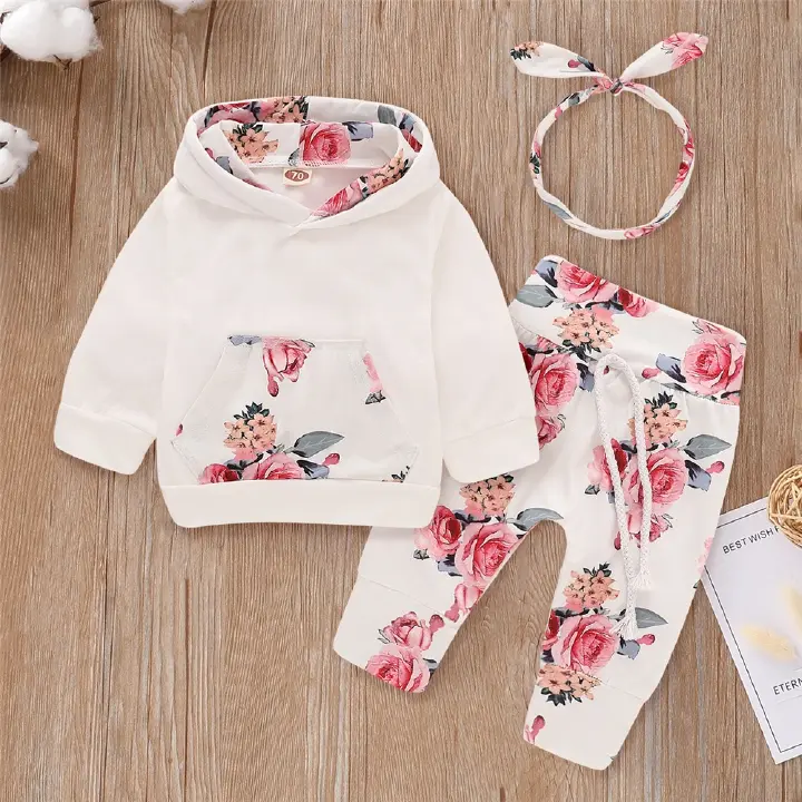 0-2 Years Girls' Floral Print Hooded Sweatshirt & Pants Set with Kangaroo Pocket, Cute Matching Outfit for Daily Play & Outings, Baby Girl Clothes