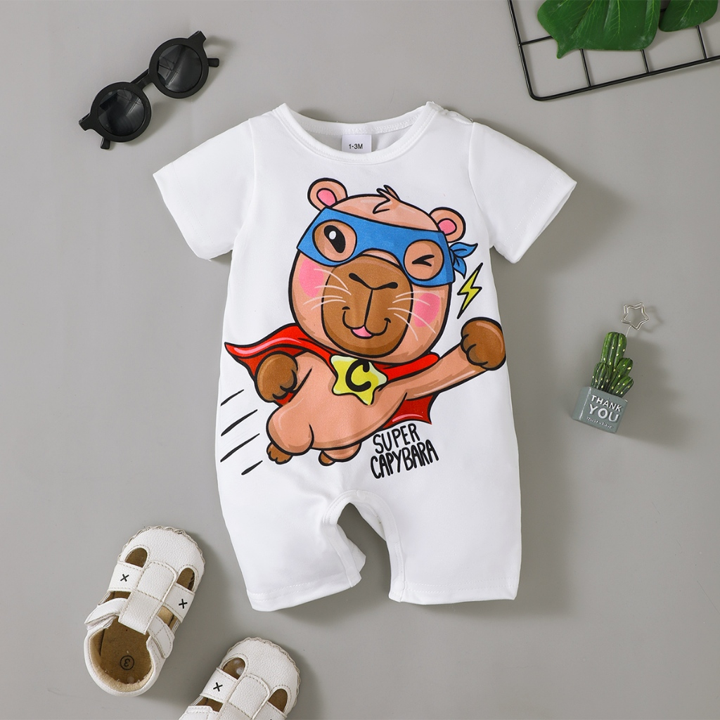 Baby white short sleeved hoodie | Cute cartoon printed crawling suit | Summer baby jumpsuit | Breathable and sweat absorbing baby outfit