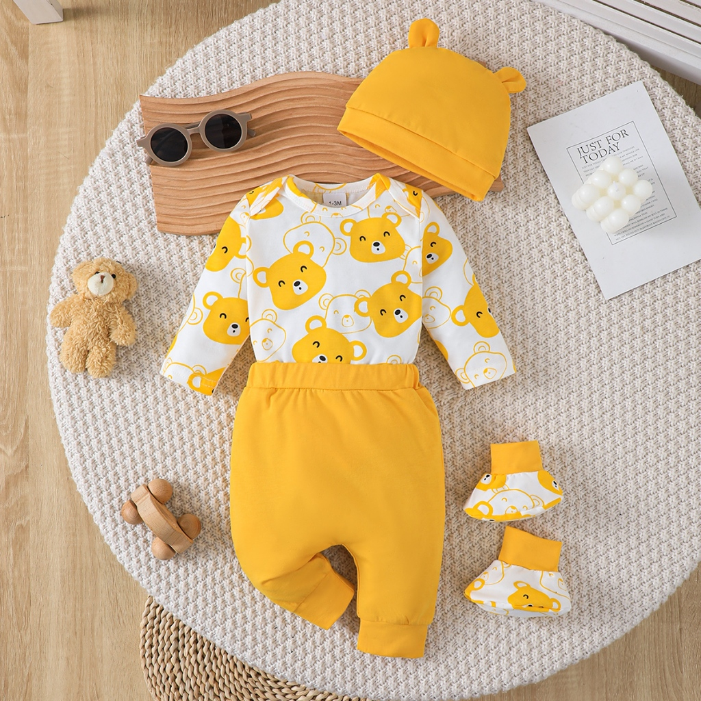 【1-9M】 Yellow Bear Print 4-Piece Baby Outfit: Long-Sleeve Romper + Solid Pants + Bear Ear Hat + Booties – Cozy Newborn Layette Set