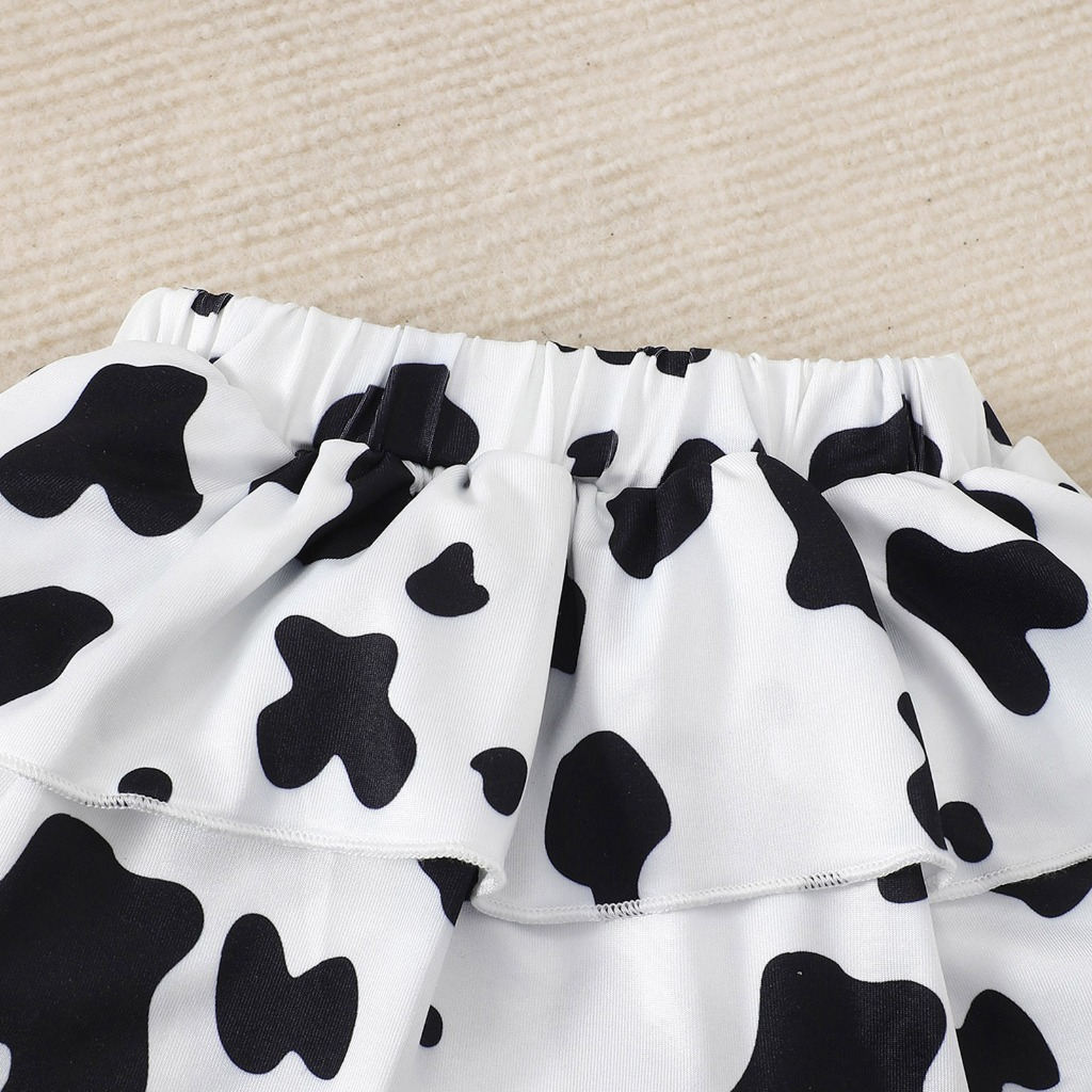 【0-18 Months】 Baby Girl Cow Print Skirt Romper Set | Pink Top + 2-Layer Ruffle Tutu with Matching Bow Headband | Cute Birthday Outfit