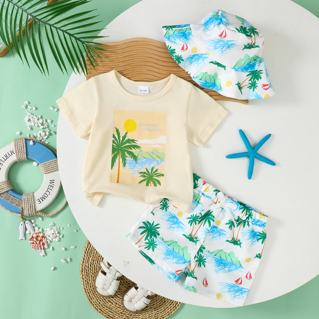 【 June -3 years old 】 Hawaiian vacation set for boys | khaki short sleeved T-shirt+blue floral shorts+matching printed hat | Summer island style baby set
