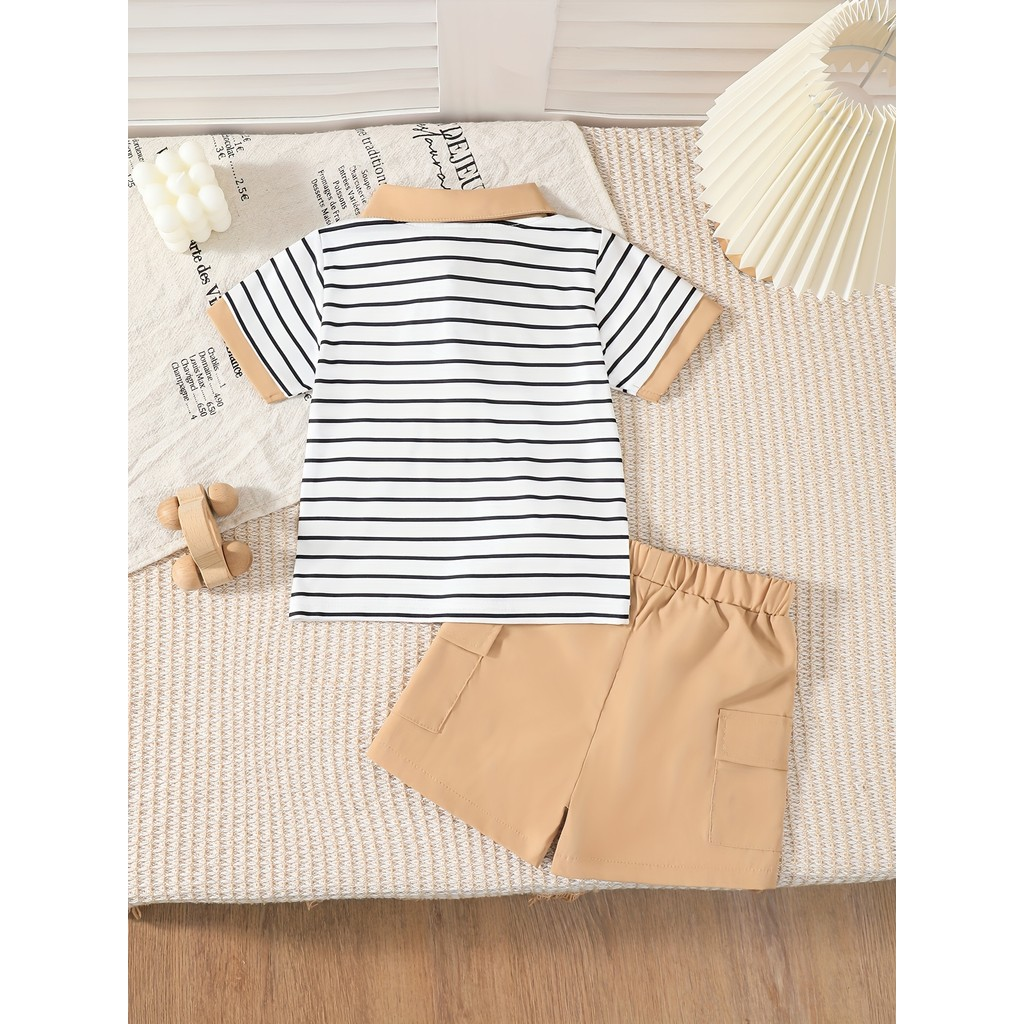 【6M-3Y】 Baby Boys 2-Piece Outfit: Striped Polo Shirt with Contrast Collar & Half-Button Placket + Solid Cargo Shorts – Trendy City Walk Set