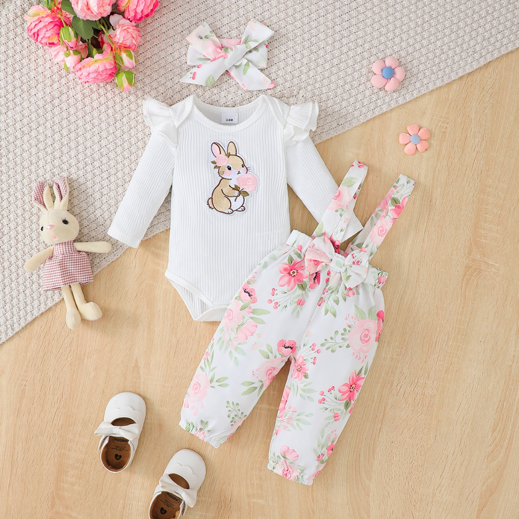 Cartoon rabbit white long sleeved hoodie+pink floral overalls set baby jumpsuit 1-24 months baby outdoor wear with same headband included