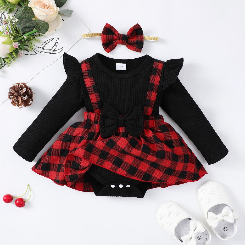 【 0-18 Months 】Baby Girl 2PCS Christmas Plaid Romper Dress Set | Long Sleeve Ribbed Top with Red & Black Check Skirt & Bow Headband | Sweet Holiday Outfit for Infants