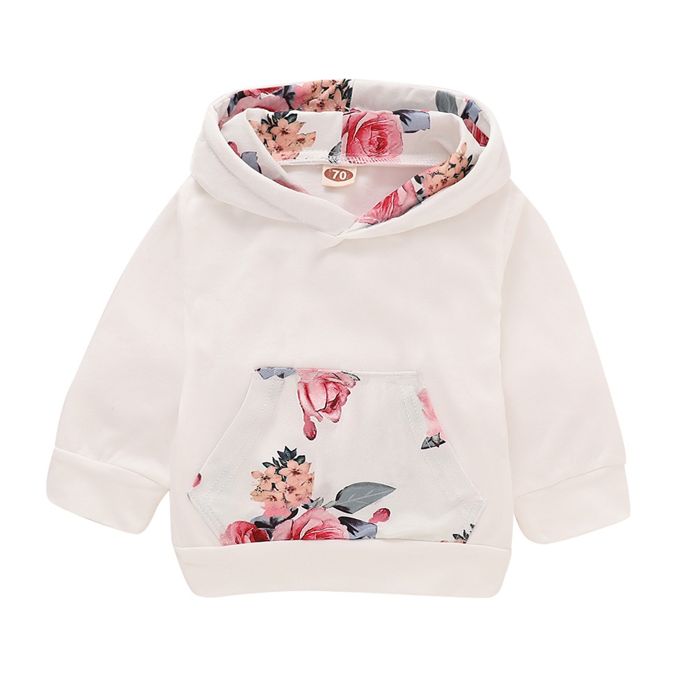 0-2 Years Girls' Floral Print Hooded Sweatshirt & Pants Set with Kangaroo Pocket, Cute Matching Outfit for Daily Play & Outings, Baby Girl Clothes