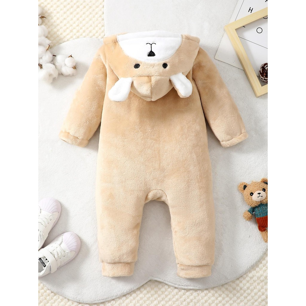 0-18 Months Toddler Baby Boy  Long Sleeved Beige Hooded Cute Ears Romper Warm Fashionable Casual Winter Jumpsuit Clothing