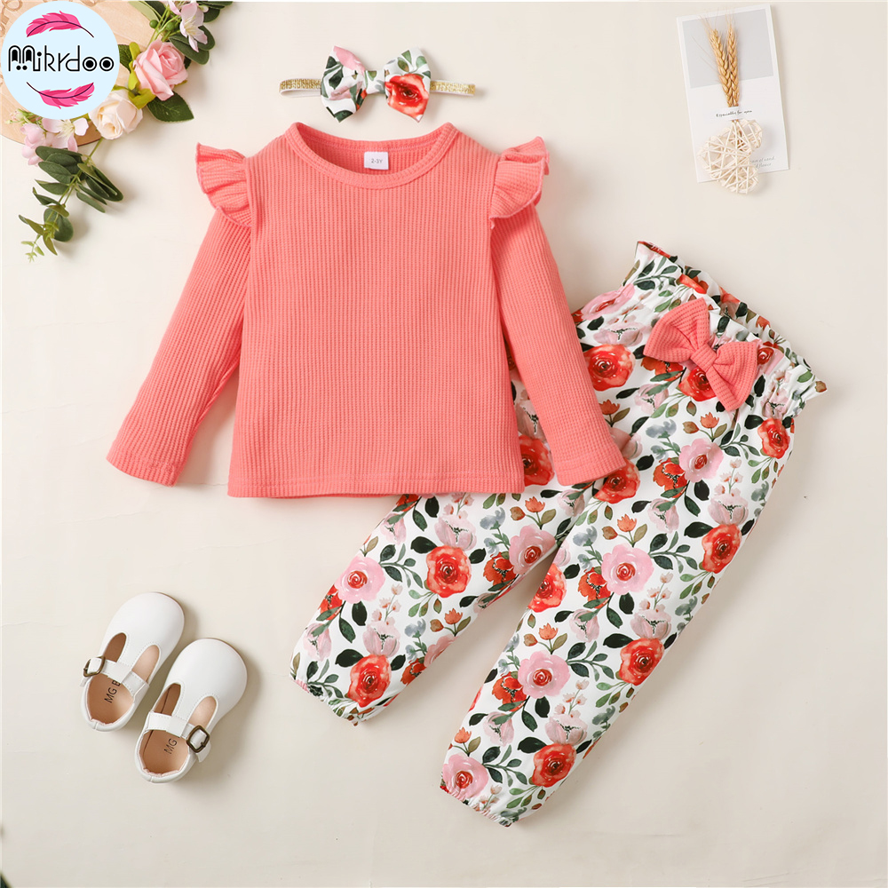 1-6 Years Girls' Sweet Coral Orange Outfit with Ruffled Sleeves & Floral Print Pants, Bowknot Waist, Comfortable Two-Piece Set for Daily Wear & Outdoor Play