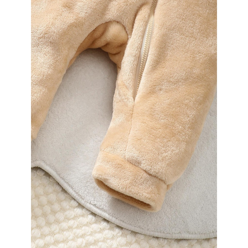 0-18 Months Toddler Baby Boy  Long Sleeved Beige Hooded Cute Ears Romper Warm Fashionable Casual Winter Jumpsuit Clothing